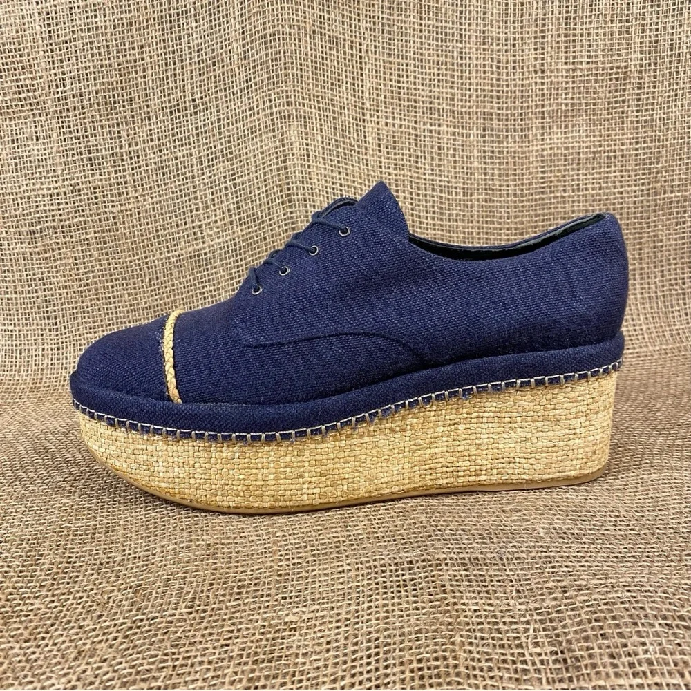 Stuart Weitzman Navy Blue Canvas Platform Espadrille Lace Up Oxford Shoes Size 9